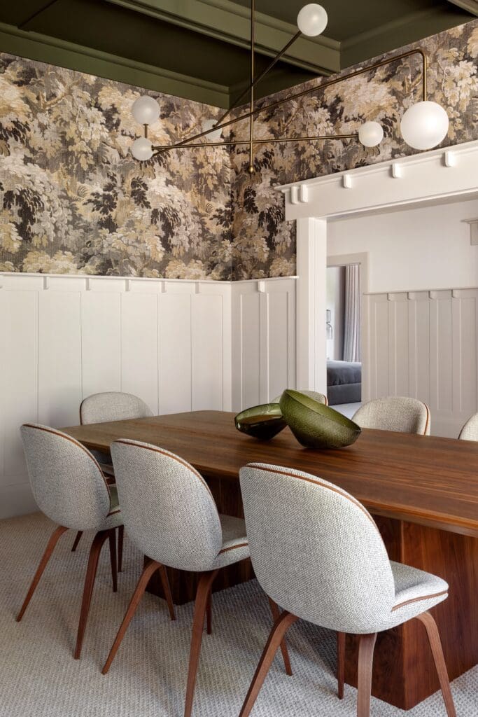 Solid timber dining table with upholstered dining chairs