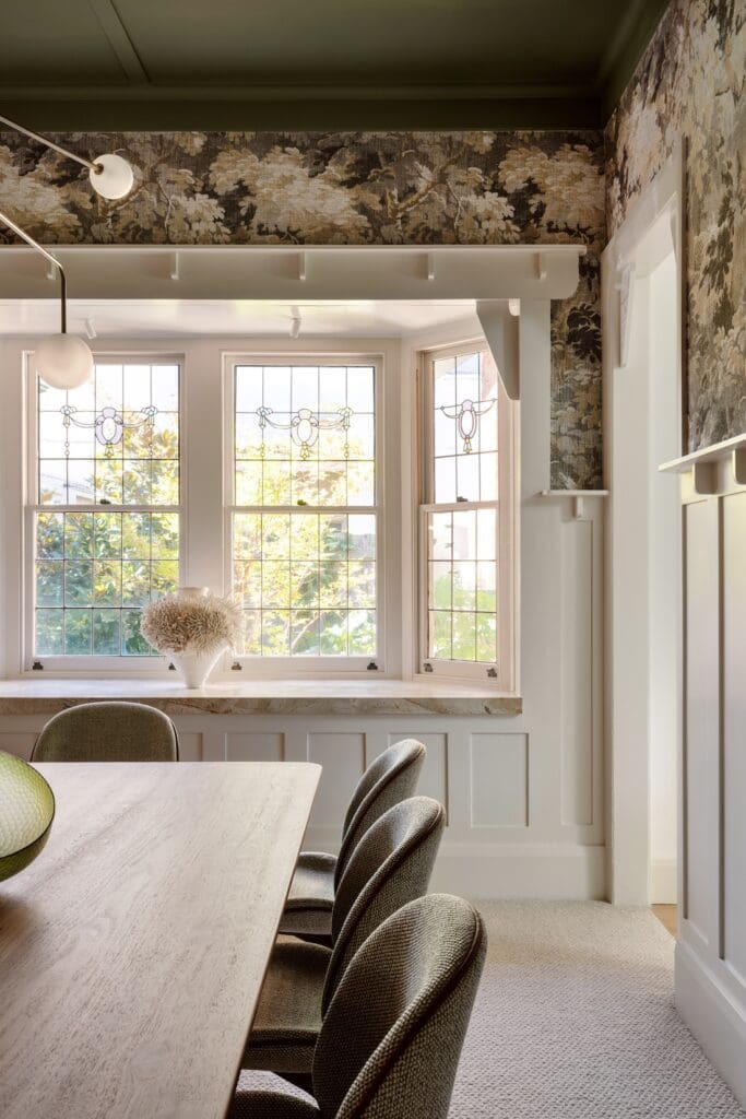Bay window with built in console table with stone top