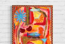 Vibrant abstract painting by Adele Auchterlonie featuring fruits, fish, and bold colors, evoking the energy of summer.