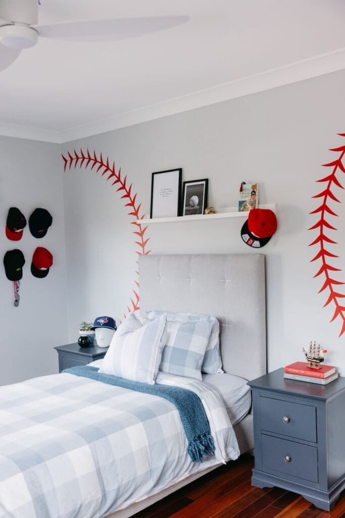 Boys tween room with baseball cap collection