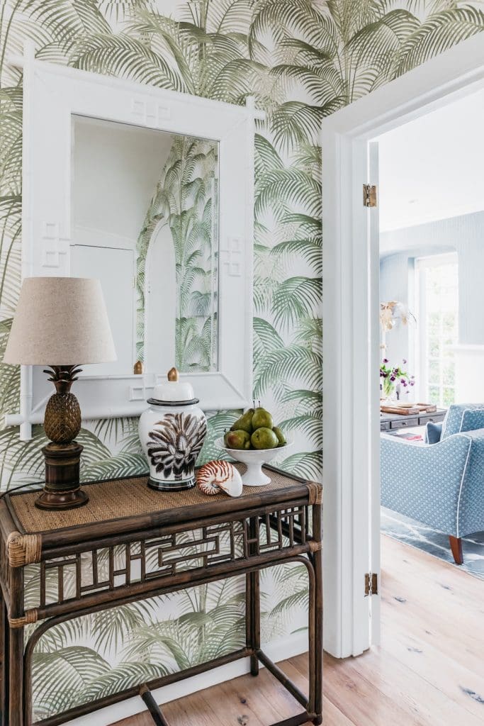 Entry with wallpaper and sideboard in Patterned Sanctuary by The Stylesmiths