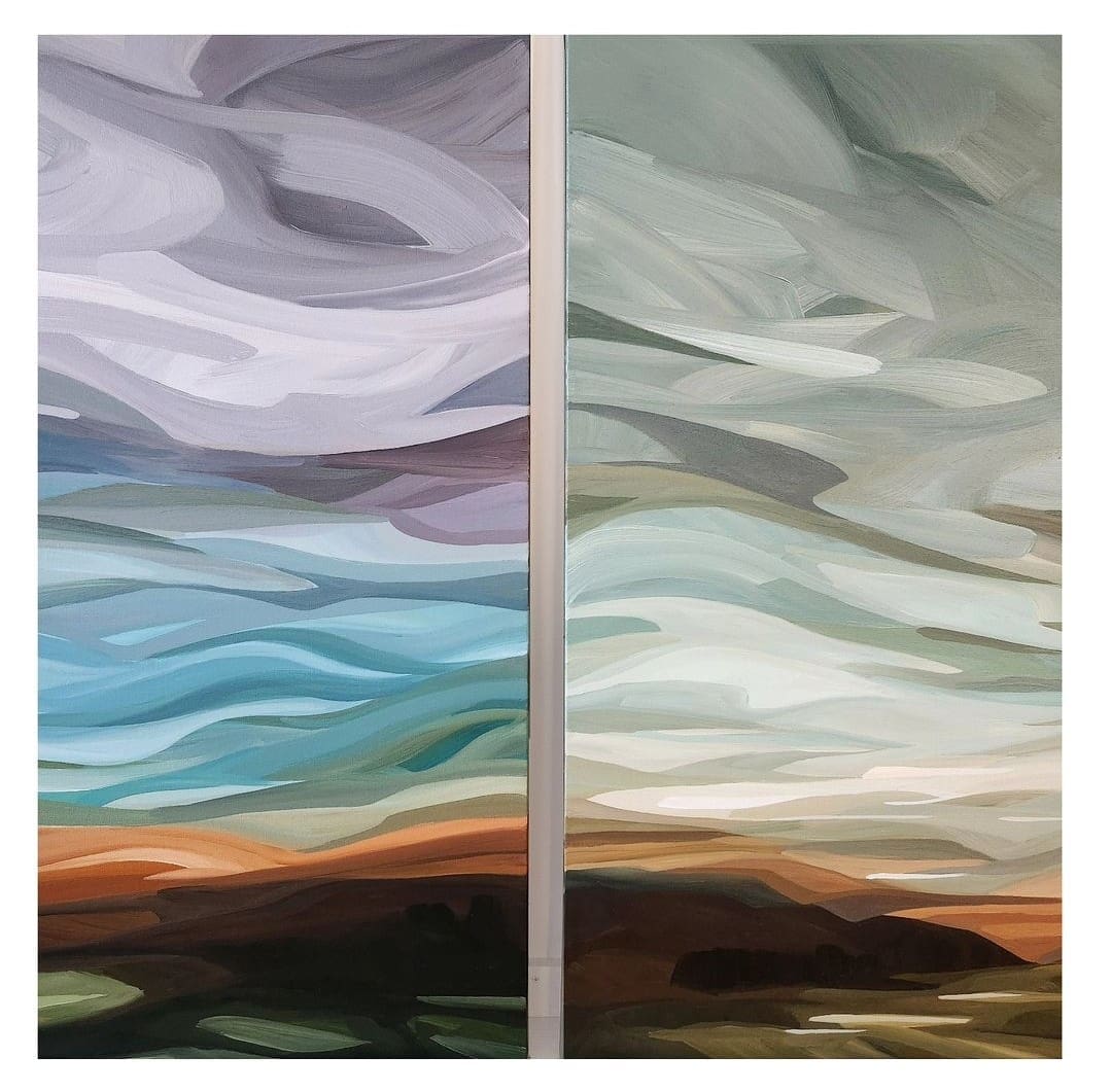 Colourful sky art next to grey sky art from Susannah Bee Art