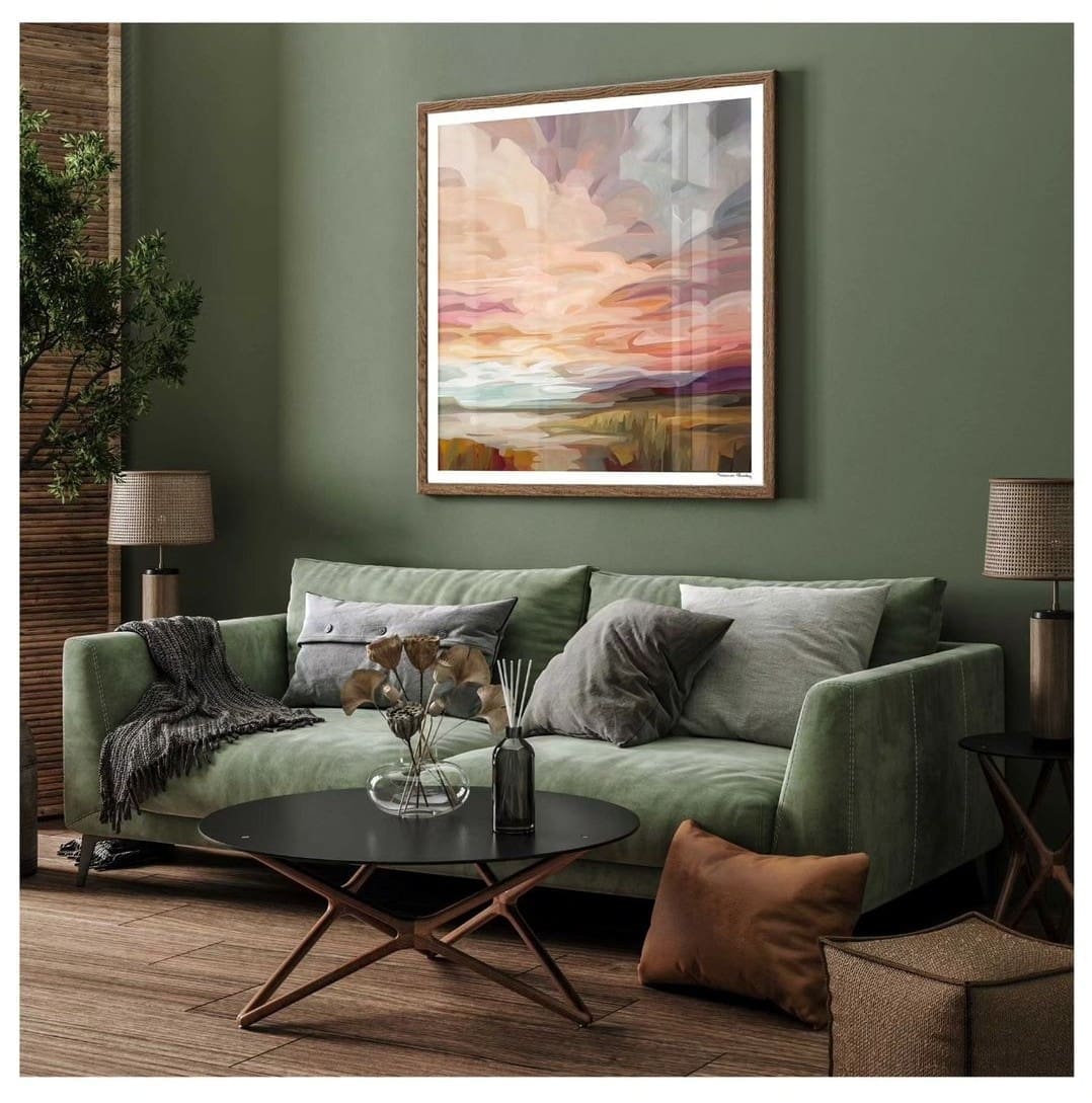 Abstract painting framed on olive green wall by Susannah Bee Art