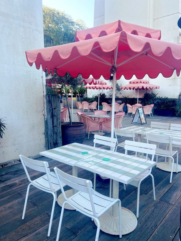 Cafe with striped tile dining tables