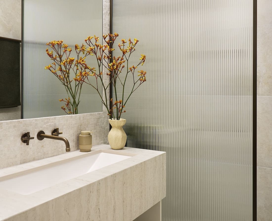 Fluted glass shower door in Tribeca Brewery apartment by The Stylesmiths