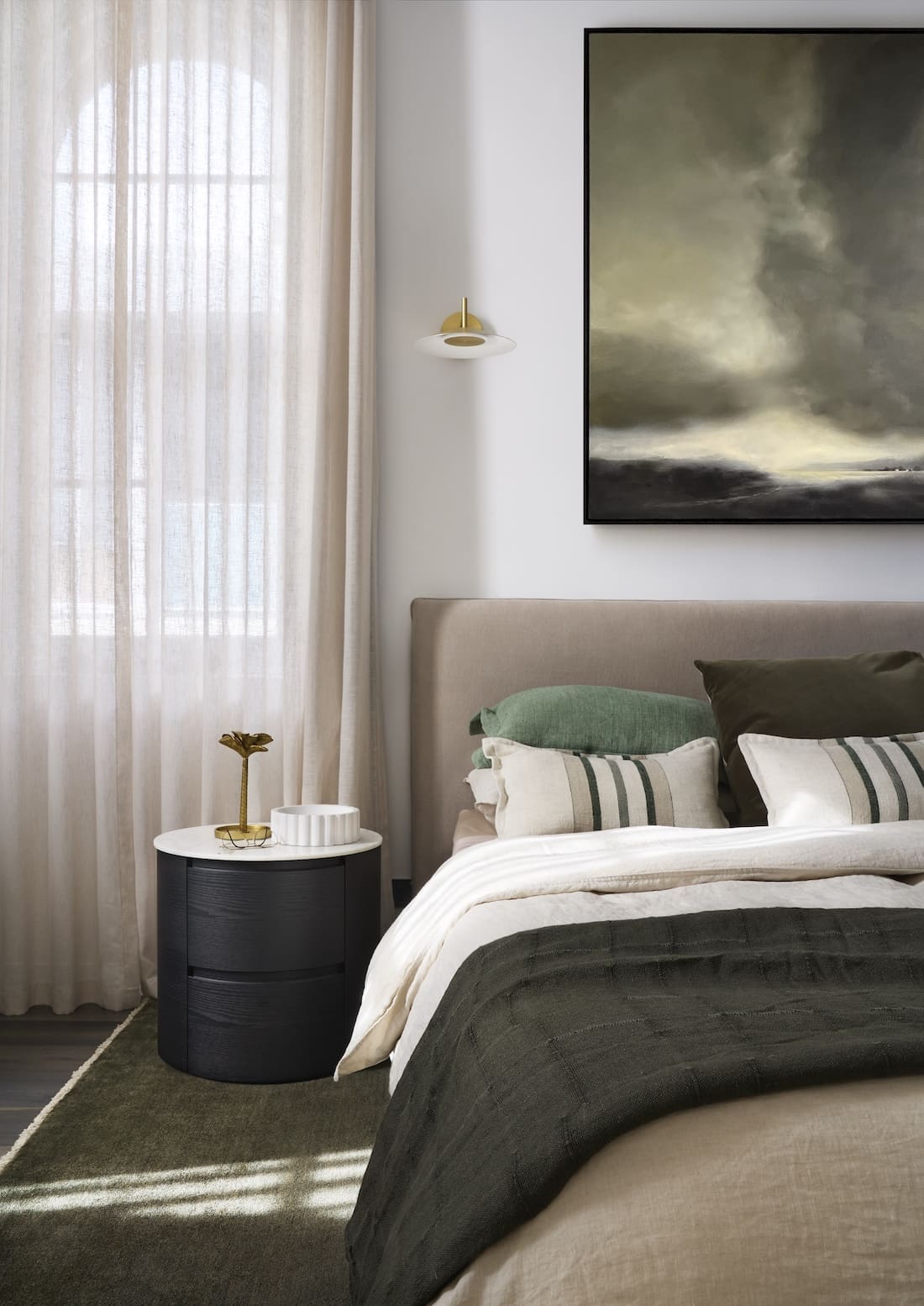 Moody bedroom in Tribeca Brewery apartment by The Stylesmiths