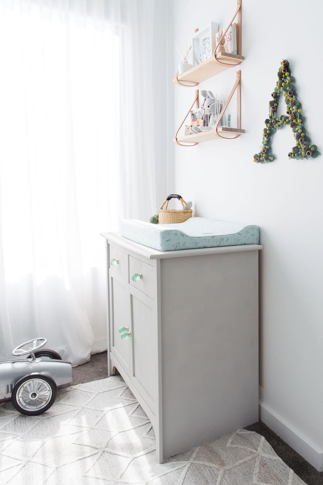 Upcycled change table and gumnut monogram wall art in Australian inspired nursery