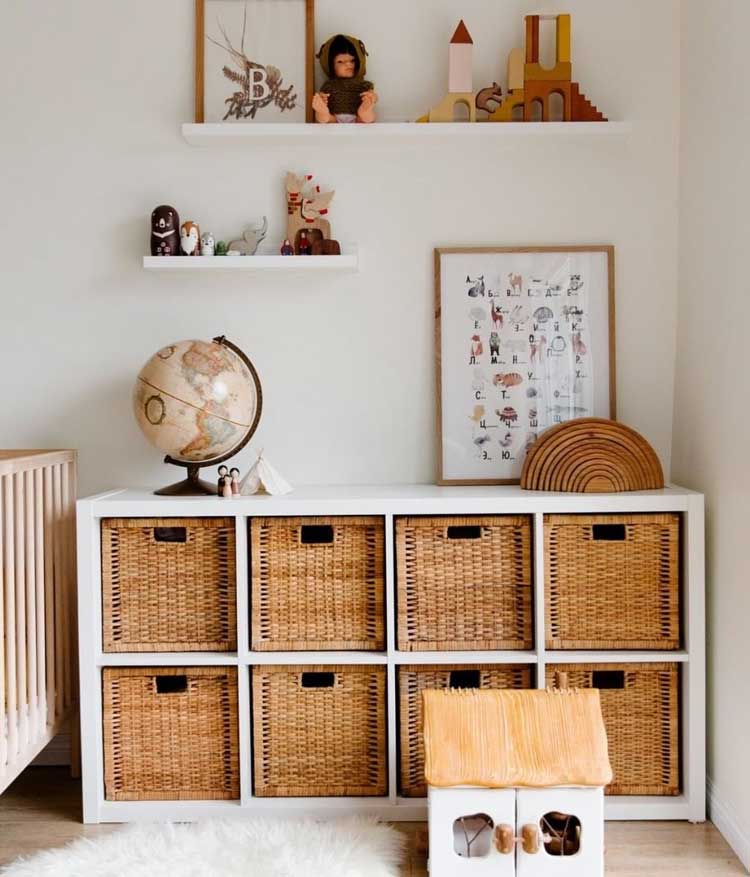 Woven seagrass baskets for toy storage