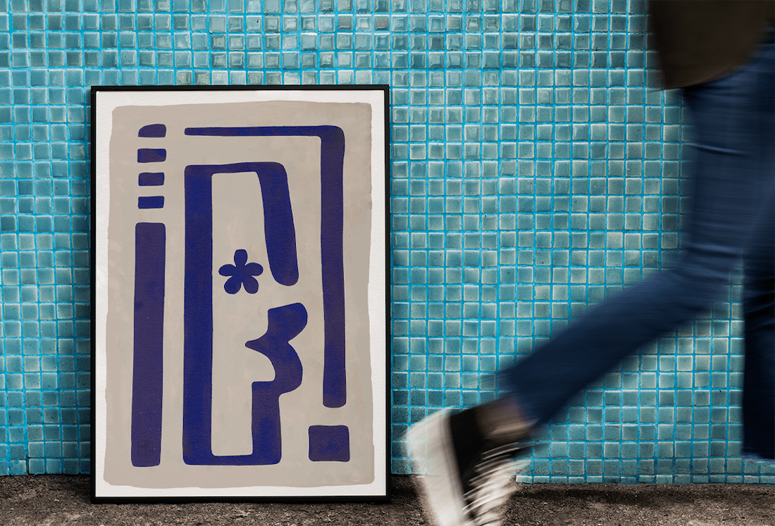 Teal tiled wall with blue graphic art from Aplotica Studio