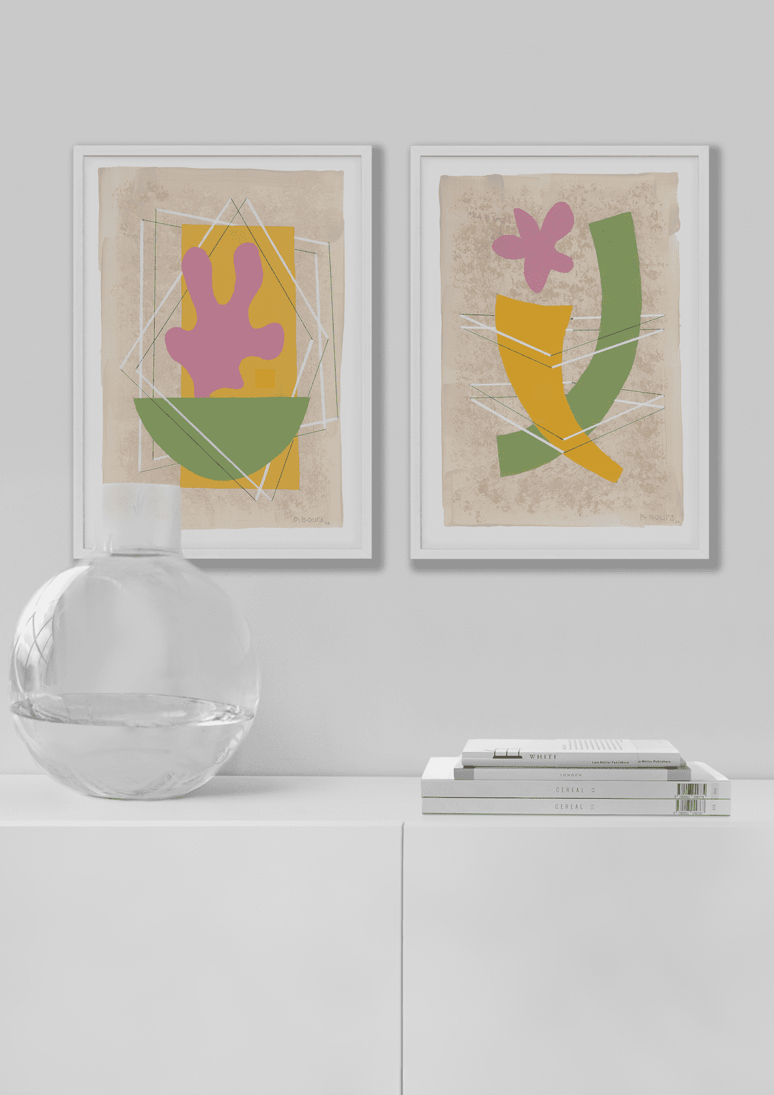 Floral pink, yellow and green graphic art by Aplotica Studio